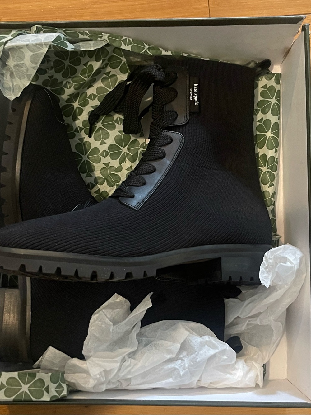 Kate Spade Merigue Black Ribbed Knit Combat Boots Lug Sole Size 9.5 NIB